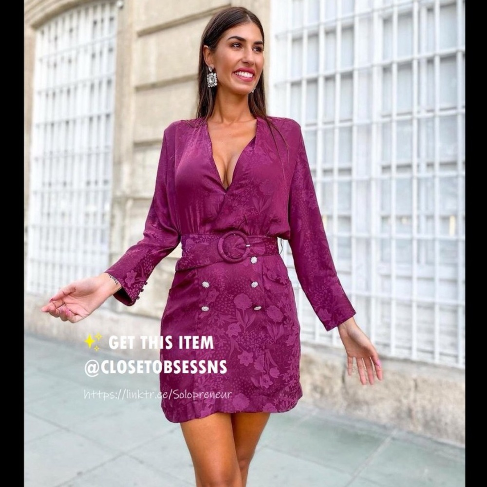 Zara BELTED JACQUARD V-NECK LONG SLEEVE MINI DRESS w/ JEWEL BUTTONS NEW